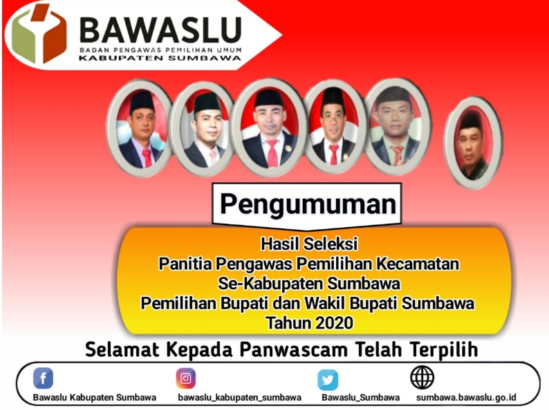 PENGUMUMAN  PANITIA PENGAWAS PEMILIHAN KECAMATAN SE-KABUPATEN SUMBAWA PADA PEMILIHAN BUPATI DAN WAKIL BUPATI SUMBAWA TAHUN 2020