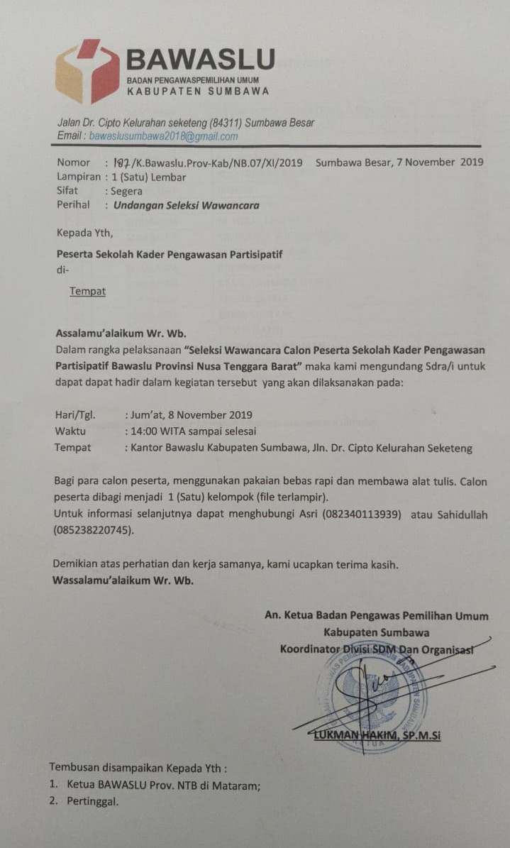 Undangan Seleksi Wawancara Sekolah Kader Pengawas Partisipatif